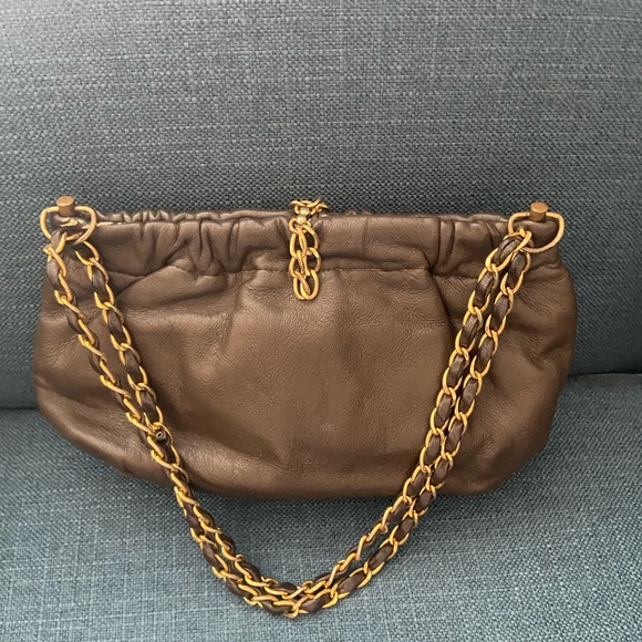 Vintage Dark Brown Genuine Leather Morris M. Handbag with Gold Chain - Picture 1 of 16